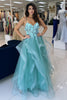 Load image into Gallery viewer, Blue Floral Appliques A Line Spaghetti Straps Prom Dress