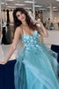 Load image into Gallery viewer, Blue Floral Appliques A Line Spaghetti Straps Prom Dress