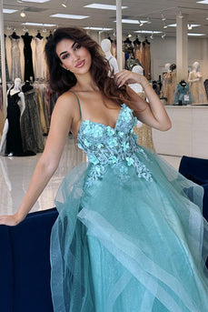 Blue Floral Appliques A Line Spaghetti Straps Prom Dress