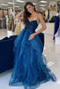 Load image into Gallery viewer, Blue Floral Appliques A Line Spaghetti Straps Prom Dress