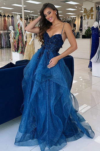 Blue Floral Appliques A Line Spaghetti Straps Prom Dress