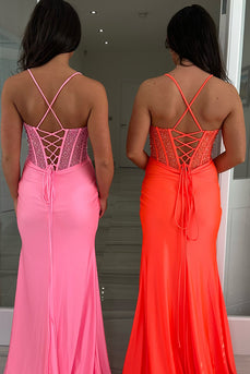 Pink Sparkly Beaded Corset Mermaid Ruched Long Prom Dress