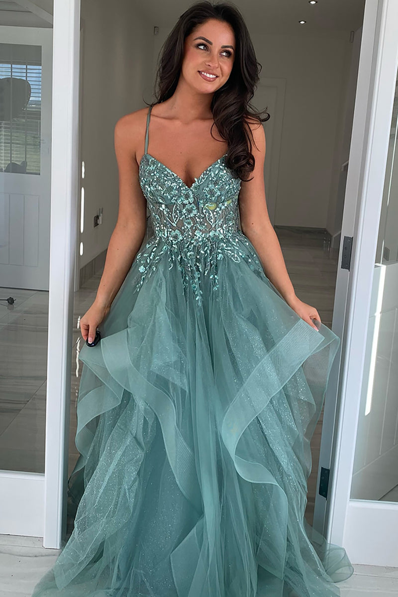 Load image into Gallery viewer, Grey Blue Sparkly Appliques Spaghetti Straps A Line Prom Dress