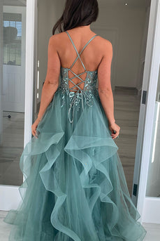 Grey Blue Sparkly Appliques Spaghetti Straps A Line Prom Dress