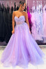 Load image into Gallery viewer, Strapless Tulle Lilac Appliques Corset A Line Long Prom Dress with Slit