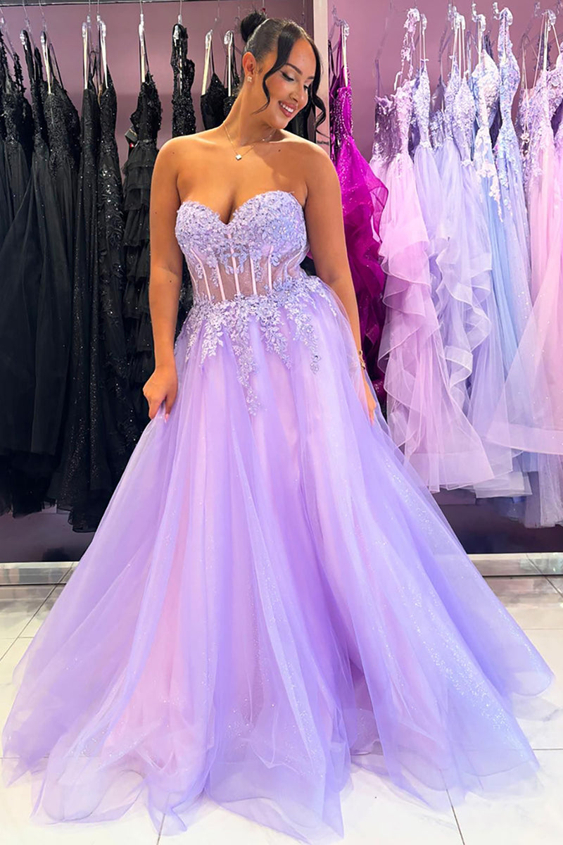 Load image into Gallery viewer, Strapless Tulle Lilac Appliques Corset A Line Long Prom Dress with Slit