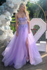 Load image into Gallery viewer, Strapless Tulle Lilac Appliques Corset A Line Long Prom Dress with Slit