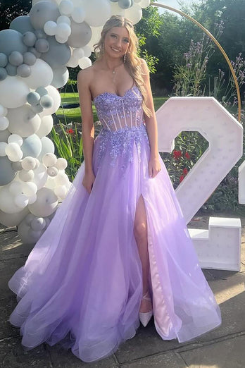 Strapless Tulle Lilac Appliques Corset A Line Long Prom Dress with Slit