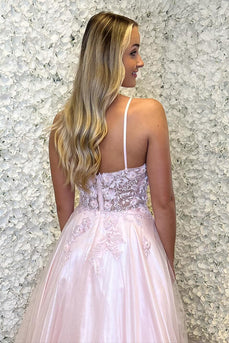 Pink Appliques A Line Spaghetti Straps Long Prom Dress