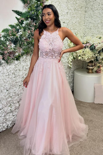 Pink Appliques A Line Spaghetti Straps Long Prom Dress