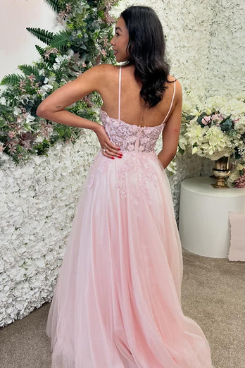 Pink Appliques A Line Spaghetti Straps Long Prom Dress