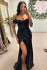 Load image into Gallery viewer, Off the Shoulder Black Appliques Corset Long Prom Dress with Slit