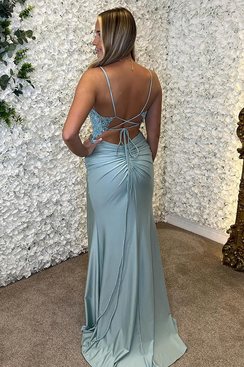 Load image into Gallery viewer, Corset Appliques Sky Blue Mermaid Spaghetti Straps Prom Dress