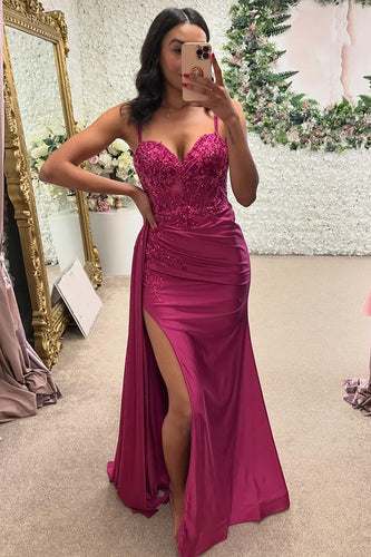 Floral Appliques Corset Spaghetti Straps Fuchsia Prom Dress with Slit