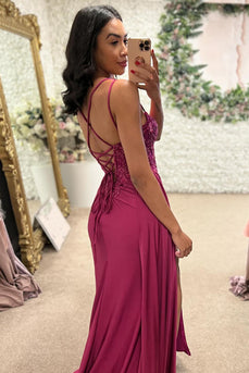 Floral Appliques Corset Spaghetti Straps Fuchsia Prom Dress with Slit