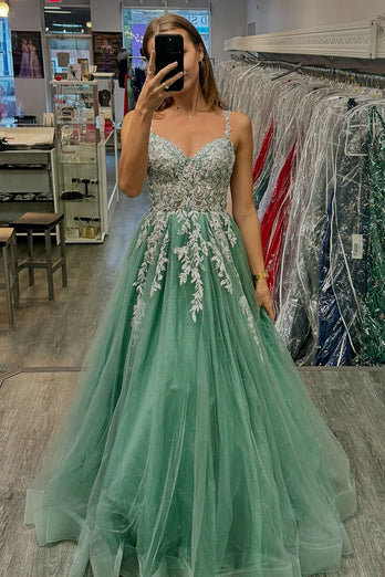 Appliques Floral Sage Spaghetti Straps A Line Tulle Prom Dress