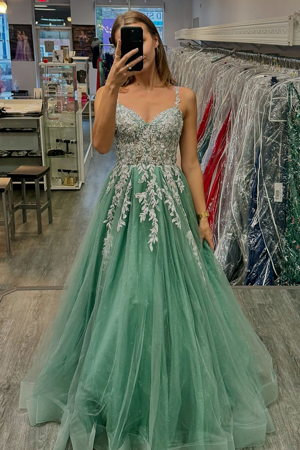 Appliques Floral Sage Spaghetti Straps A Line Tulle Prom Dress