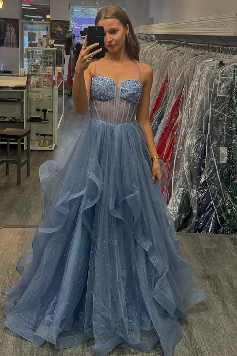 Load image into Gallery viewer, Sparkly Beaded Grey Blue Corset Spaghetti Straps Long Prom Dress