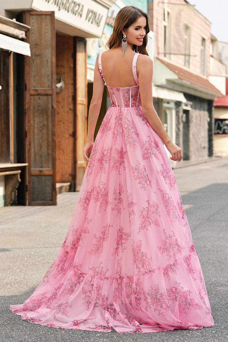 Load image into Gallery viewer, Blush Floral A Line Spaghetti Straps Pleated Corset Prom Dress