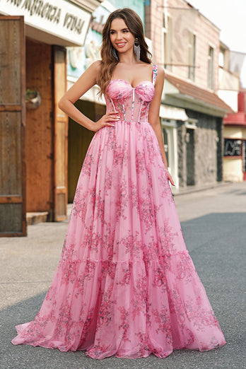 Blush Floral A Line Spaghetti Straps Pleated Corset Prom Dress