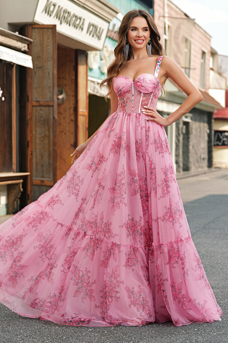 Load image into Gallery viewer, Blush Floral A Line Spaghetti Straps Pleated Corset Prom Dress