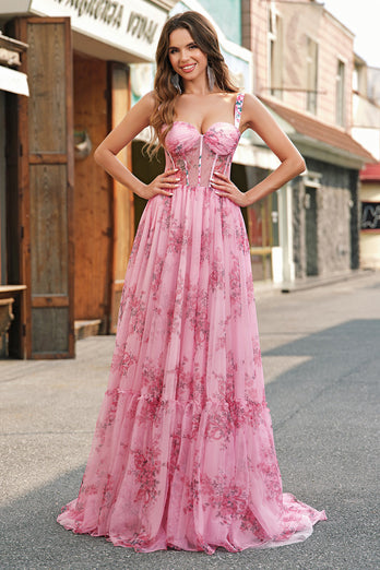 Blush Floral A Line Spaghetti Straps Pleated Corset Prom Dress