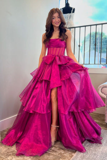 Fuchsia Corset Strapless A Line Tiered Long Prom Dress with Slit