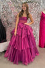 Load image into Gallery viewer, Fuchsia Corset Strapless A Line Tiered Long Prom Dress with Slit