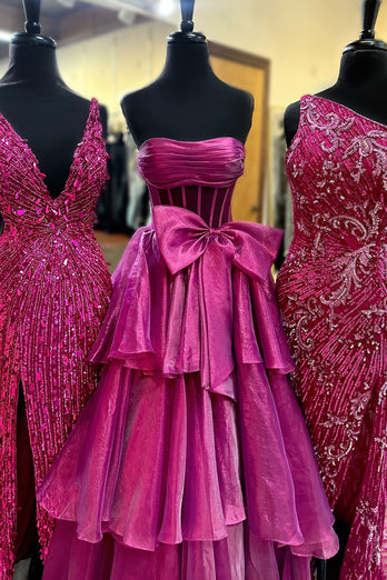 Fuchsia Corset Strapless A Line Tiered Long Prom Dress with Slit