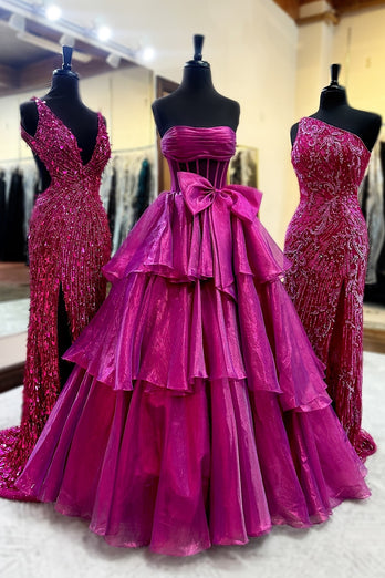 Fuchsia Corset Strapless A Line Tiered Long Prom Dress with Slit