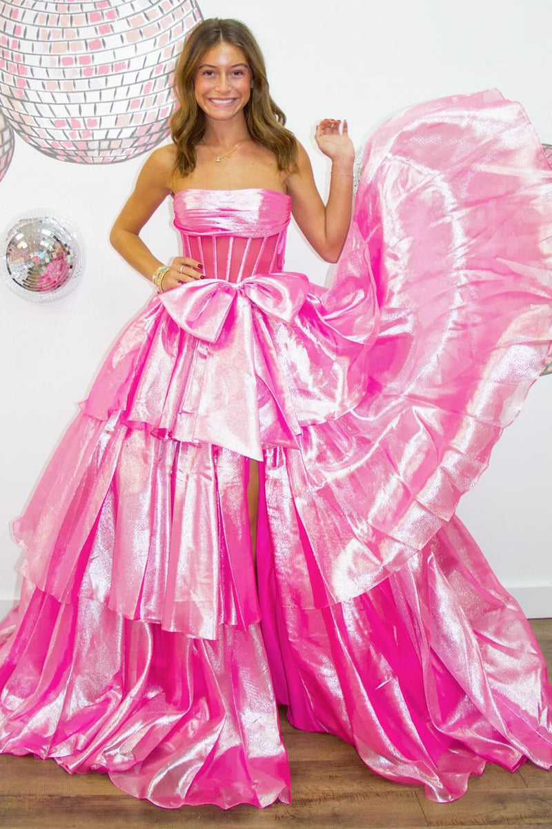 Load image into Gallery viewer, Fuchsia Corset Strapless A Line Tiered Long Prom Dress with Slit