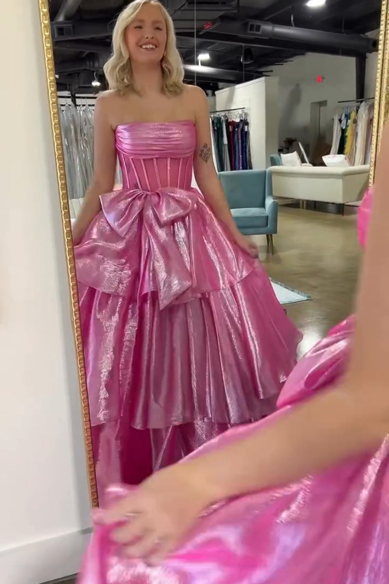 Load image into Gallery viewer, Fuchsia Corset Strapless A Line Tiered Long Prom Dress with Slit