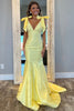 Load image into Gallery viewer, Glitter Beaded Yellow Deep V Neck Mermaid Long Prom Dress with Bows