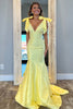 Load image into Gallery viewer, Glitter Beaded Yellow Deep V Neck Mermaid Long Prom Dress with Bows