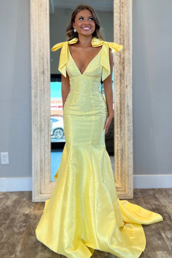 Glitter Beaded Yellow Deep V Neck Mermaid Long Prom Dress with Bows