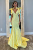 Load image into Gallery viewer, Glitter Beaded Yellow Deep V Neck Mermaid Long Prom Dress with Bows