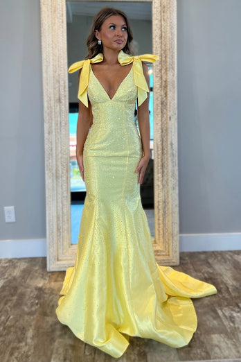 Glitter Beaded Yellow Deep V Neck Mermaid Long Prom Dress with Bows