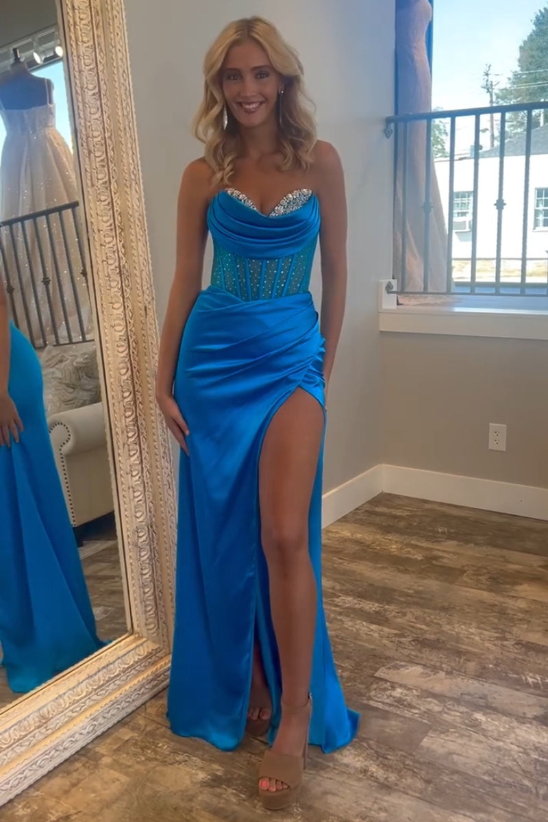 Load image into Gallery viewer, Sweetheart Royal Blue Mermaid Long Corset Satin Prom Dress with Beading