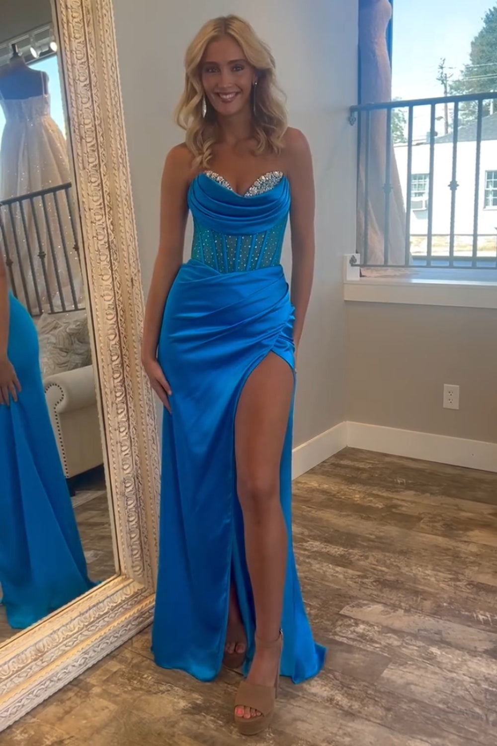 Sweetheart Royal Blue Mermaid Long Corset Satin Prom Dress with Beading