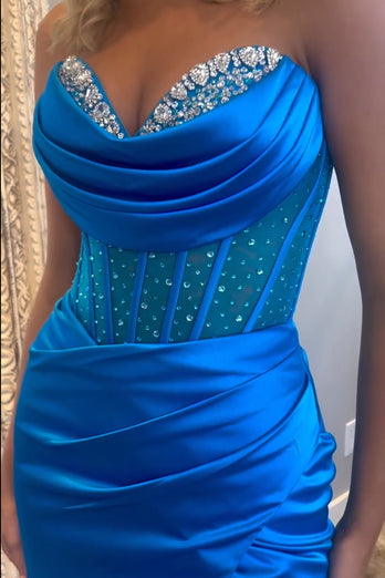 Sweetheart Royal Blue Mermaid Long Corset Satin Prom Dress with Beading