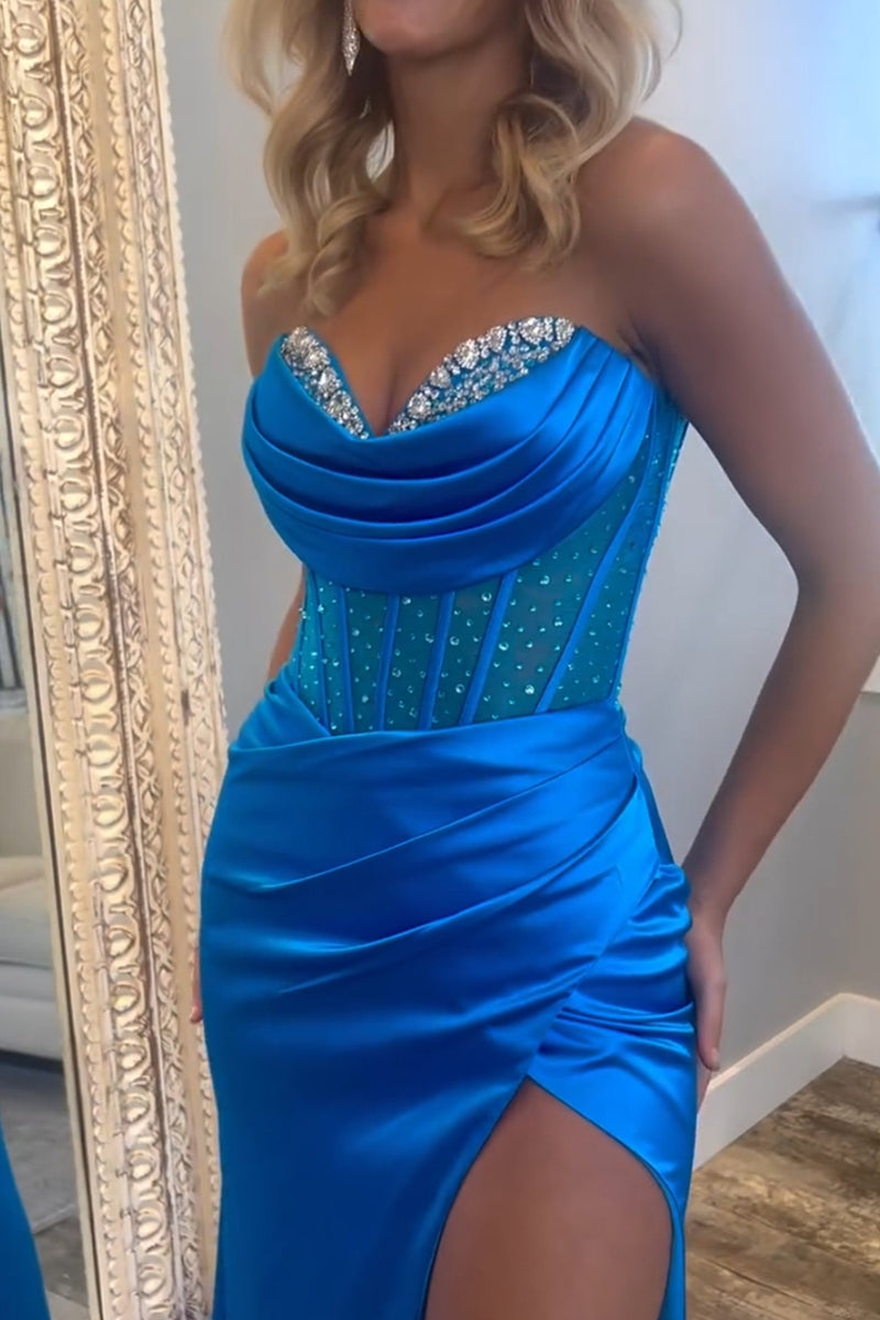 Load image into Gallery viewer, Sweetheart Royal Blue Mermaid Long Corset Satin Prom Dress with Beading