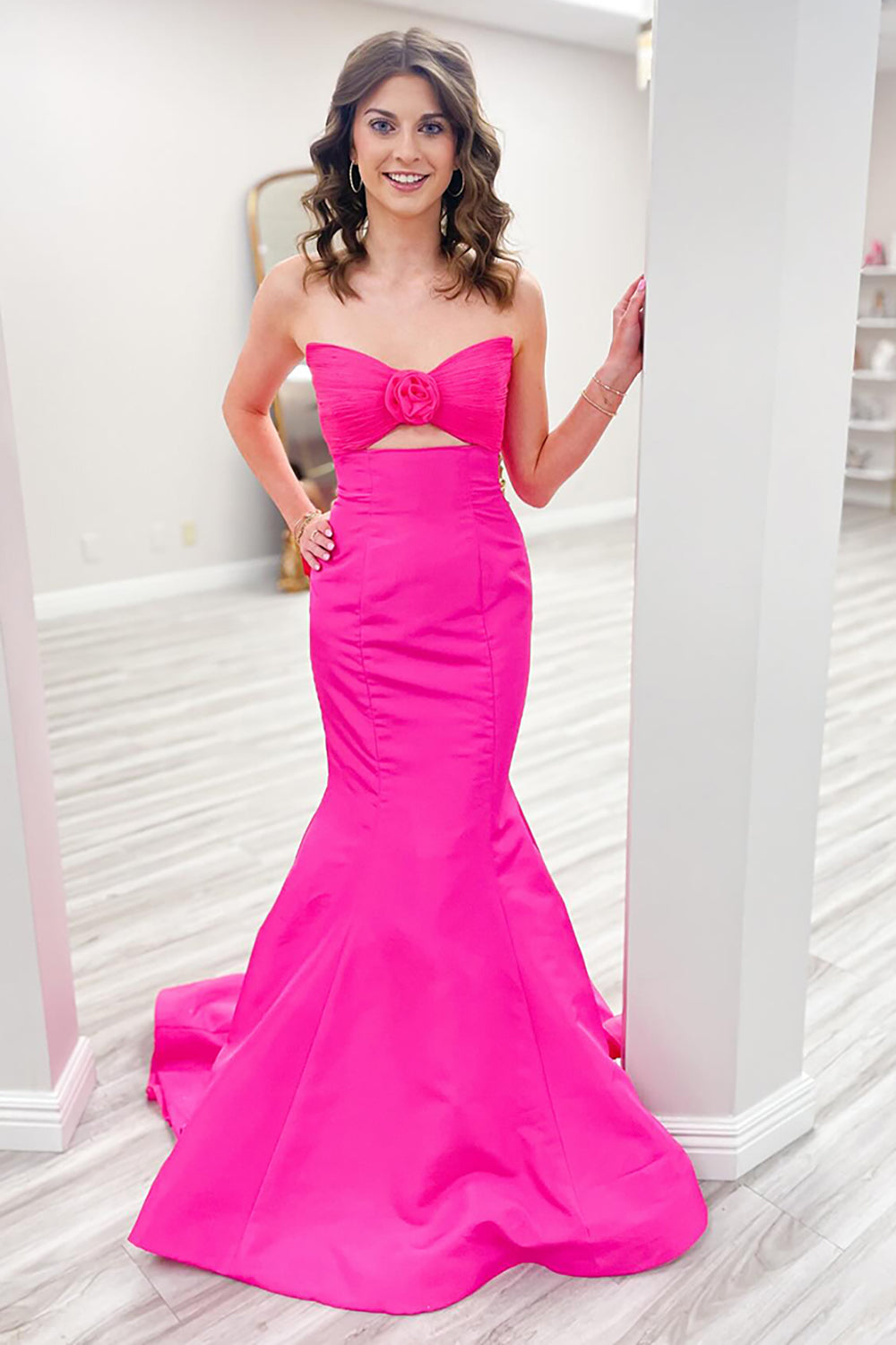 Fuchsia Sweetheart Mermaid Satin Cut Out Long Prom Dress