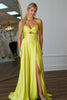 Load image into Gallery viewer, Yellow A Line Spaghetti Straps Satin Long Prom Dress with Slit