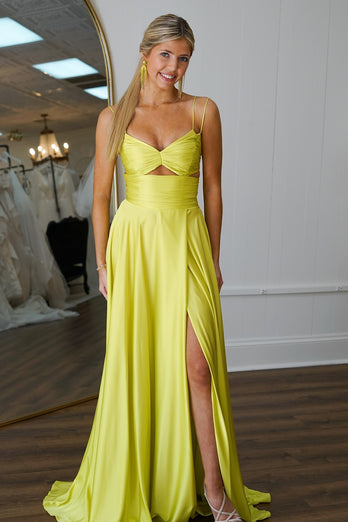 Yellow A Line Spaghetti Straps Satin Long Prom Dress with Slit