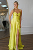 Load image into Gallery viewer, Yellow A Line Spaghetti Straps Satin Long Prom Dress with Slit