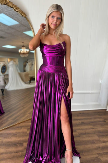 Dark Purple Strapless Pleated A Line Long Corset Prom Dress with Slit