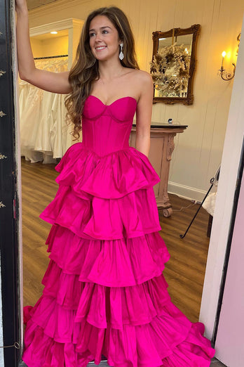 Fuchsia Sweetheart A Line Tiered Satin Long Corset Prom Dress