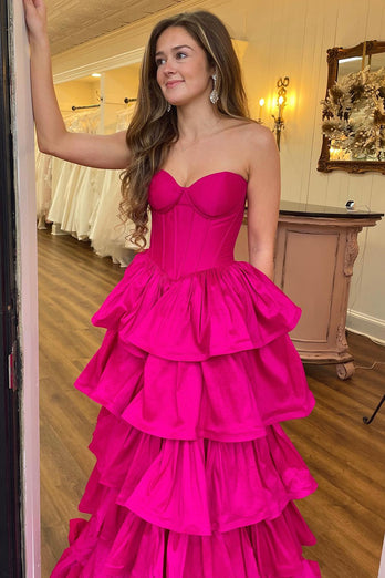 Fuchsia Sweetheart A Line Tiered Satin Long Corset Prom Dress