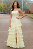 Load image into Gallery viewer, Yellow Spaghetti Straps A Line Tiered Long Prom Dress with Appliques