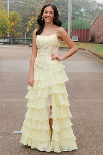 Yellow Spaghetti Straps A Line Tiered Long Prom Dress with Appliques